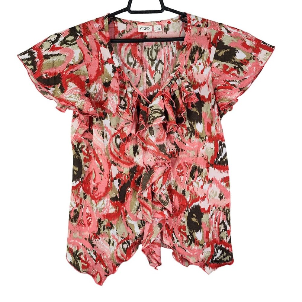 Women's Cato Ruffle Front Top Blouse Abstract Print V Neck Short Sleeve Size L